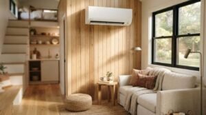 A white wall-mounted ductless mini-split air conditioner installed on a light vertical wood-paneled wall above a cozy cream loveseat sofa in a modern tiny home interior with a loft sleeping area