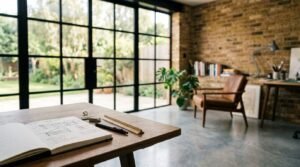 An architect's sketchbook with hand-drawn structural sketches, drafting pencil, and brass ruler on a wooden desk inside an industrial garage studio with brick walls and floor-to-ceiling black grid windows