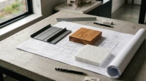 Architectural floor plan blueprint laid on a concrete tabletop with material samples of corrugated metal roofing, solid wood block, and white insulation batting alongside drafting tools