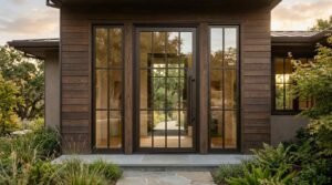 Modern glass front door with dark steel grid frame and matching sidelights set in a wood-paneled home entrance