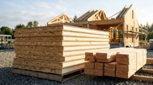 Stack of structural insulated panels (SIPs) with foam cores and bundled dimensional lumber on wooden pallets at an active house construction site