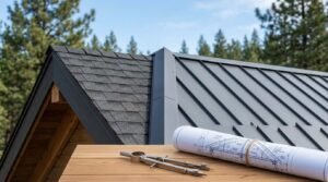 A split-design roof showing dark architectural asphalt shingles on a gable peak alongside matte grey standing seam metal roofing, with rolled blueprints and a drafting compass in the foreground