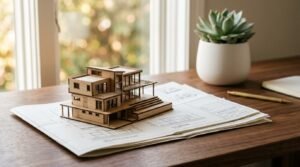 Detailed wooden architectural scale model of a multi-story modern home resting on printed blueprints, placed on a dark wood desk next to a potted succulent