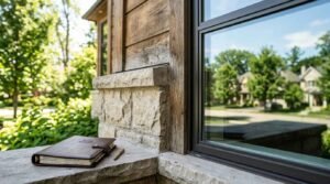 A leather-bound journal and brass pen resting on a rough-cut limestone window sill next to reclaimed wood siding and a large window reflecting a suburban neighborhood