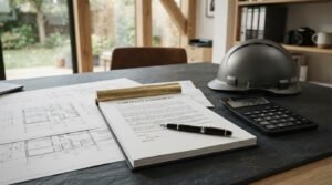A signed contract agreement document on a brass-accented clipboard resting on architectural blueprints alongside a fountain pen, digital calculator, and hard hat on an office desk