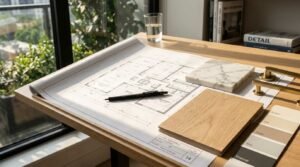 Architectural floor plan laid on a wooden drafting table next to material swatches including white marble, oak wood, brass hardware, and a color palette strip