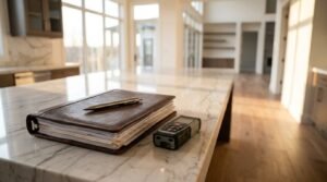Leather-bound folder containing documents, a sleek metal pen, and a digital laser measure resting on a bright marble kitchen countertop inside a modern open-concept home under construction.