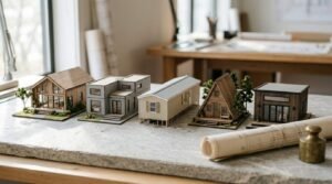 Row of five miniature architectural scale house models including a gabled cabin, modern flat-roof home, manufactured home, A-frame house, and dark studio box on a stone work surface next to a rolled blueprint