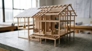 Basswood architectural framing study model under construction, held down by small solid brass calibration weights along the floor plates, featuring exposed roof rafters, structural posts, and floor joists on a concrete studio workbench with workshop drafting tables in the background