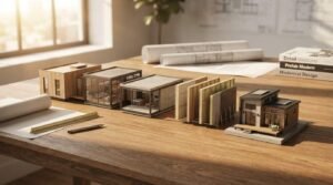 A row of miniature architectural scale models displaying prefab modular home modules, wall insulation section cutaways, and finished cabins on a wooden studio table alongside blueprints and drafting tools