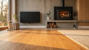 Wide-plank natural oak hardwood flooring with warm afternoon sunlight casting shadows in a modern living room featuring a concrete feature wall, wood-burning fireplace, and TV