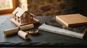 Wooden architectural scale model house sitting on a slate table alongside rolled blueprint scrolls, a vintage brass compass, and stacked material swatches of marble, granite, and wood