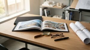 Open hardcover architectural portfolio book on a light oak desk alongside eyeglasses, a magnifying glass, fountain pen, and rolled floor plans