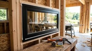 Black-framed awning window freshly bedded in a continuous bead of white acoustic sealant within timber wall stud framing, staged with a caulking gun, Stanley tape measure, and box of framing screws on a wooden workbench inside a sunlit workshop