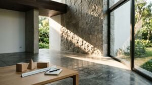 Sunlight streaming across polished concrete floors in a modern room with a stone accent wall, large floor-to-ceiling windows, and wooden geometric blocks on a table