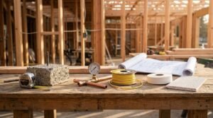Construction materials and tools—including a tape measure, concrete block with rebar, copper pipes with pressure gauge, spool of yellow wire, and blueprints—arranged on a wooden workbench inside a timber-framed building site
