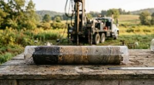 A clear cylindrical liner holding a soil core sample displaying distinct geological soil layers on a rustic wooden table, with a geotechnical drilling rig truck in the background