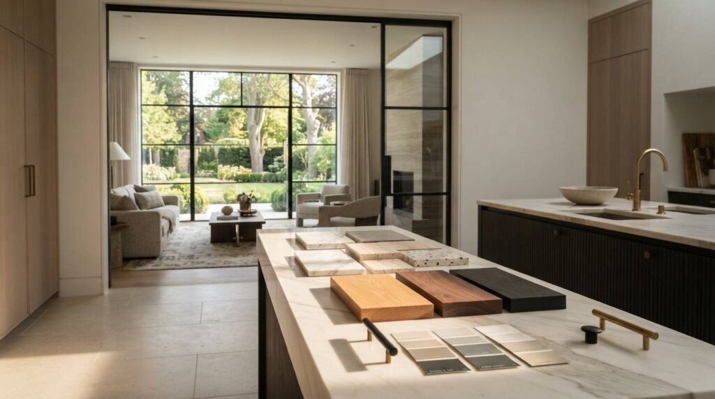 Interior design material samples—including marble, terrazzo, wood finishes, paint swatches, and cabinet handles—arranged on a marble kitchen island overlooking a sunlit living room and garden