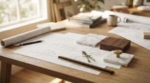 Architectural elevation drawings, drafting compass, marble tiles, dark wood sample, and brass cabinet knob on an oak desk in a sunlit office