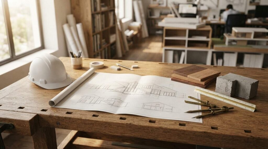 Architectural house elevation drawings, white hard hat, wood swatches, concrete blocks, scale ruler, and drafting compass on a wooden workbench in a sunlit studio