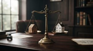 Vintage brass balance scale weighing a rustic wooden house model on one pan against a detailed white house model on the other pan