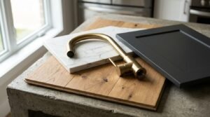 Brushed brass kitchen faucet resting on white marble, light oak planks, and a charcoal grey shaker cabinet door sample on a concrete countertop