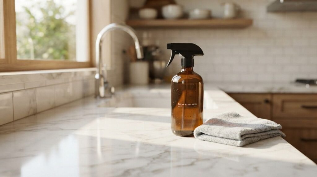 An amber glass spray bottle with a black nozzle beside a folded gray microfiber cloth on a sunlit white marble kitchen countertop near a sink