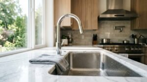 Undermount stainless steel kitchen sink with water droplets set into a polished white Carrara marble countertop, featuring a high-arc chrome pull-down faucet and a damp grey microfiber cleaning cloth draped over the rim in front of a bright garden window