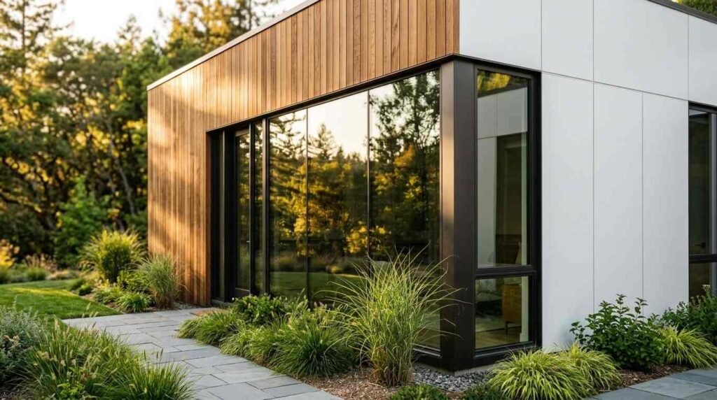 Exterior corner of a modern prefab ADU featuring vertical natural wood cladding, crisp white architectural wall panels, floor-to-ceiling reflective glass windows, and a bluestone garden path surrounded by ornamental grasses