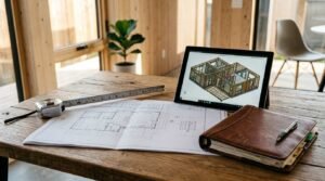Architectural floor plans, an extended steel tape measure, a leather binder with a pen, and a digital tablet displaying a 3D timber frame CAD model on a rustic wooden desk in a modern prefab home