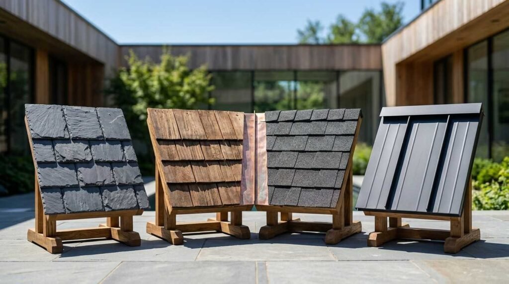 Four roofing material samples including natural slate, wood shakes, asphalt shingles, and standing seam metal panels on wooden display stands outdoors.