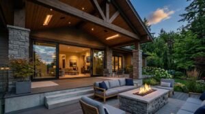 Covered timber frame patio addition featuring stacked stone columns, ceiling radiant heaters, large sliding glass doors, composite deck steps, and a stone fire pit table with outdoor seating at twilight