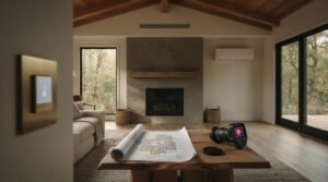 Modern living room climate control setup featuring a wall-mounted digital thermostat, HVAC blueprint, thermal imaging camera, radiant floor heating grid, and ductless mini-split unit