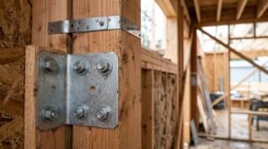 Heavy-duty Simpson Strong-Tie HDU11 galvanized steel hold-down bracket bolted to wood framing posts with a metal strap tie inside a residential construction site