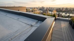 Close-up of a flat roof TPO membrane meeting dark metal edge coping flashing on an urban rooftop terrace