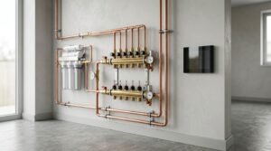 Wall-mounted brass radiant floor heating manifold connected to copper plumbing pipes, a water filtration unit, and a smart touchscreen control panel