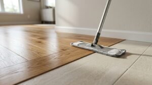 Microfiber flat floor mop gliding over a flush threshold transition between light matte ceramic floor tiles and wide-plank natural oak hardwood flooring bordered by a mitered wood transition strip in a bright modern home interior