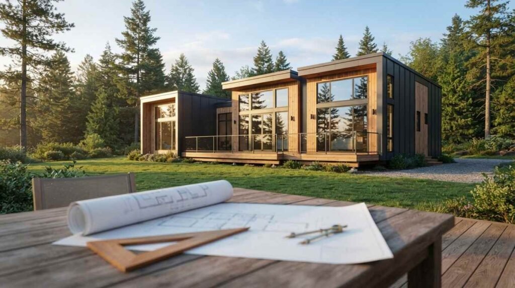 An unrolled architectural blueprint, wooden set square, and drafting compass on an outdoor patio table with a modern prefab modular cabin and pine forest in the background