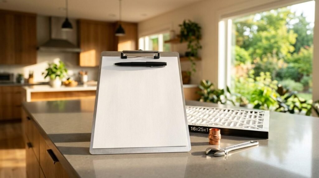 Metal clipboard with blank paper standing on a kitchen island countertop alongside an HVAC air filter, copper pipe fitting, and adjustable wrench