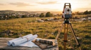 Electronic total station surveying instrument on a wooden tripod next to rolled blueprints and a soil sample vial on a bench overlooking a land development site at sunset