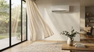 white wall-mounted ductless mini-split air conditioner mounted on a cream textured wall in a bright, sunlit living room with a breezy linen curtain blowing beside large glass patio doors