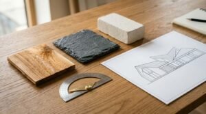 Architectural material samples including wood, dark slate, and concrete brick arranged next to a house sketch and protractor on a wooden desk