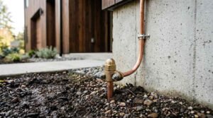 A thick bare copper grounding electrode conductor connected with a brass clamp to a copper ground rod driven into the earth next to a concrete foundation wall