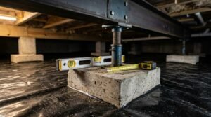 An adjustable steel screw jack post supporting a structural I-beam on a concrete pier footing in an encapsulated crawl space, with a spirit level and tape measure resting on the block