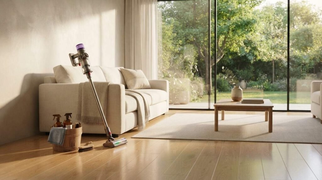 A cordless stick vacuum leaning against a neutral fabric sofa next to a wooden bucket of spray cleaning bottles on hardwood floors in a sunlit modern living room