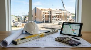 Architectural blueprints, a white hard hat, yellow spirit level, leather work gloves, and a tablet displaying a Gantt project schedule resting on a desk in front of an active prefabricated residential construction site