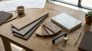 Interior design flat lay on a wooden desk featuring hardwood flooring samples, a ringed wood swatch set, a white marble slab, black and brass hardware pulls, a coffee cup, notebooks, and blueprints