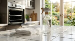A clear glass spray bottle with a modern brushed metallic and wood nozzle standing next to a folded white microfiber cloth on a white tiled kitchen counter in front of an open oven