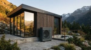 A dark gray exterior heat pump condenser unit mounted on a concrete patio beside a modern timber-clad cabin with floor-to-ceiling glass walls overlooking an alpine mountain landscape