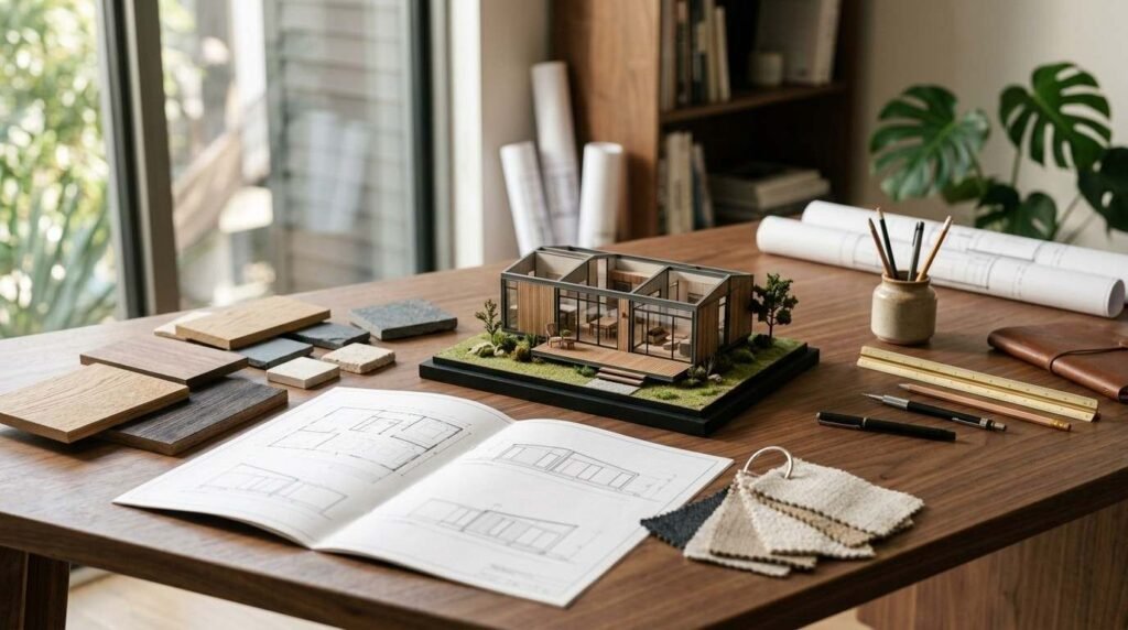 Architectural scale model of a modern glass-and-timber prefab home surrounded by an open floor plan booklet, wood and stone swatches, fabric samples, and drafting tools on a wooden desk
